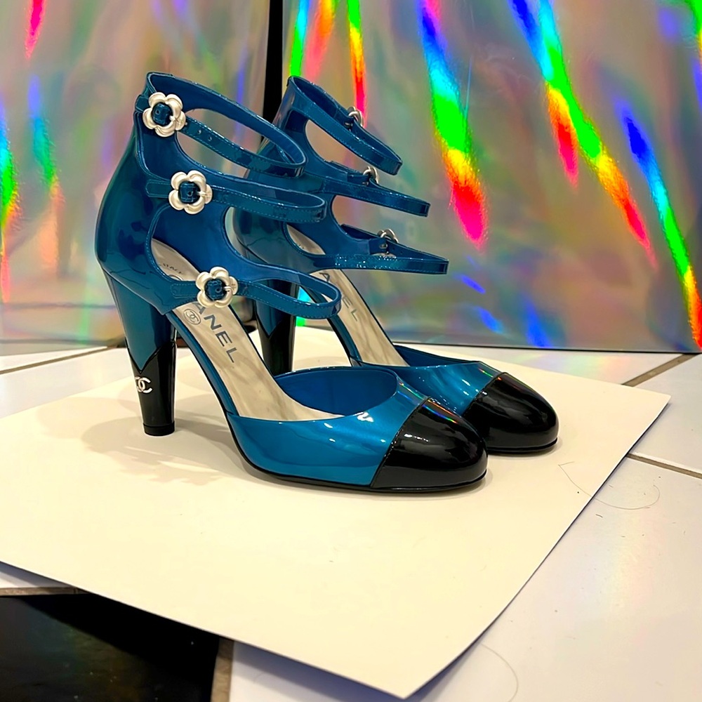 Chanel Triple Ankle Strap Camellia Patent Cap Toe Pumps